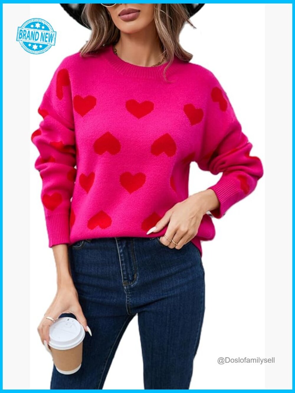 Oversized Y2K Heart Print Pullover Sweater Long Sleeve Crew Neck Knit Top
